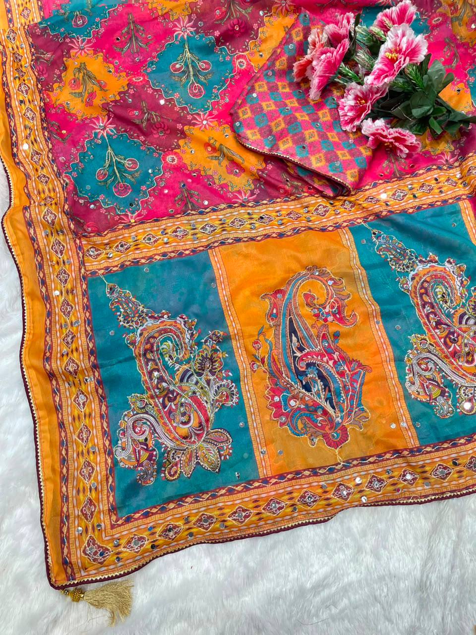 Vilara Chinnon Silk Printed Mirror Work Saree