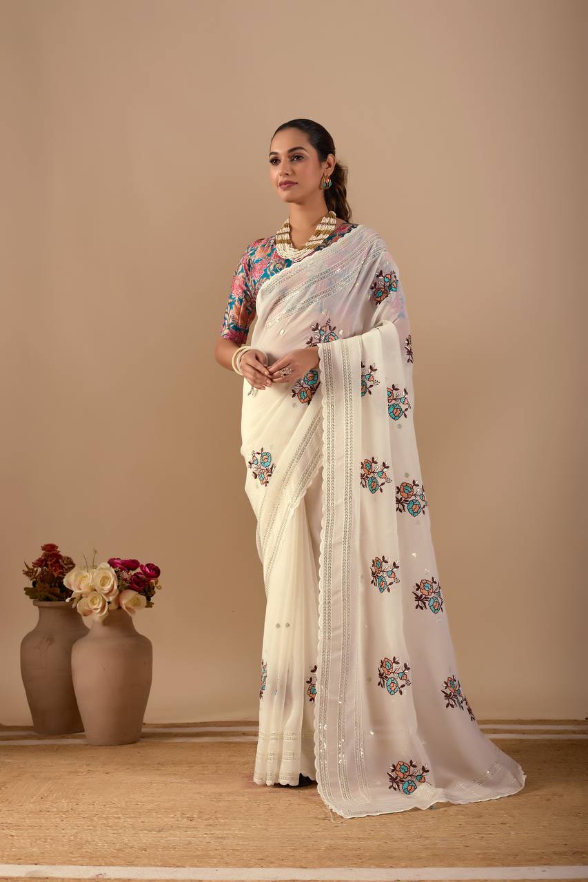 WhiteFlower Crunchy Silk Crush Embroidery Work Saree