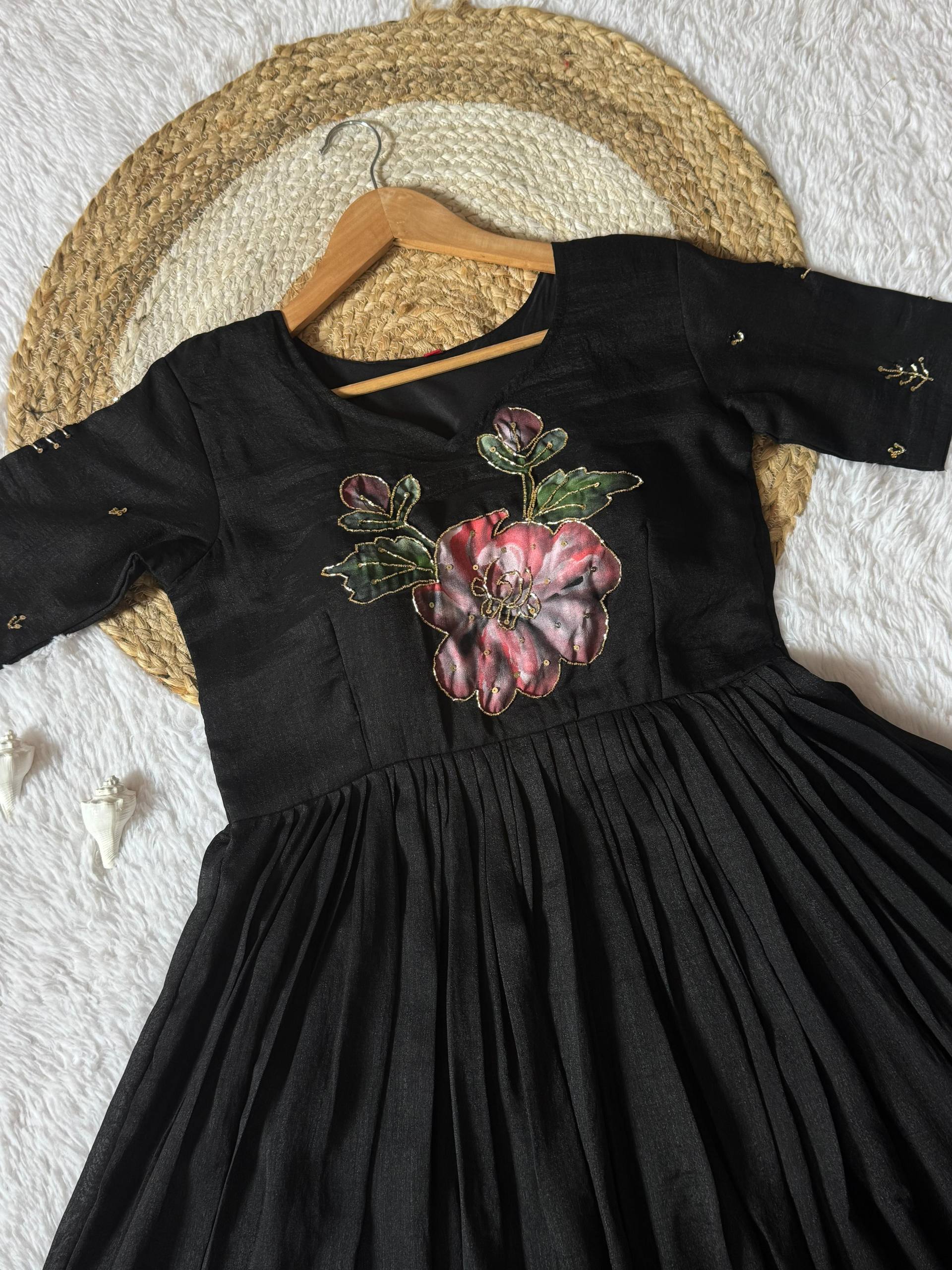 Translate Soft Vichitra Brush Print With Khatli Handwork Gown