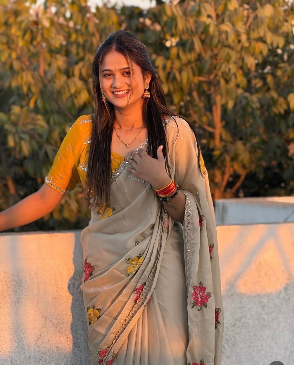 Prodotic Chiffon Floral Embroidery Thread Work Saree