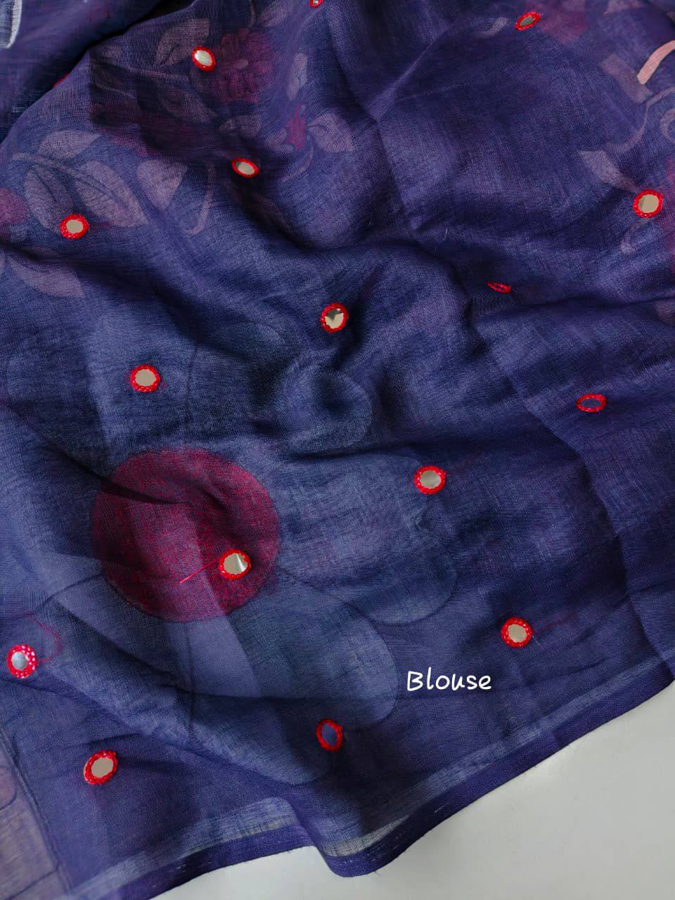 Barza Linen Cotton Printed Handwork Saree