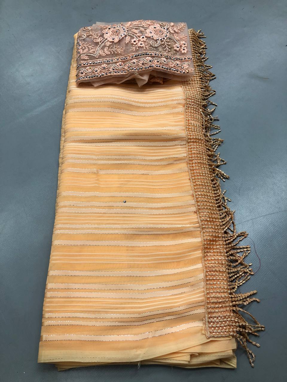 Fancy dual shade weaving with sequence &amp; siroski work sarees with blouse