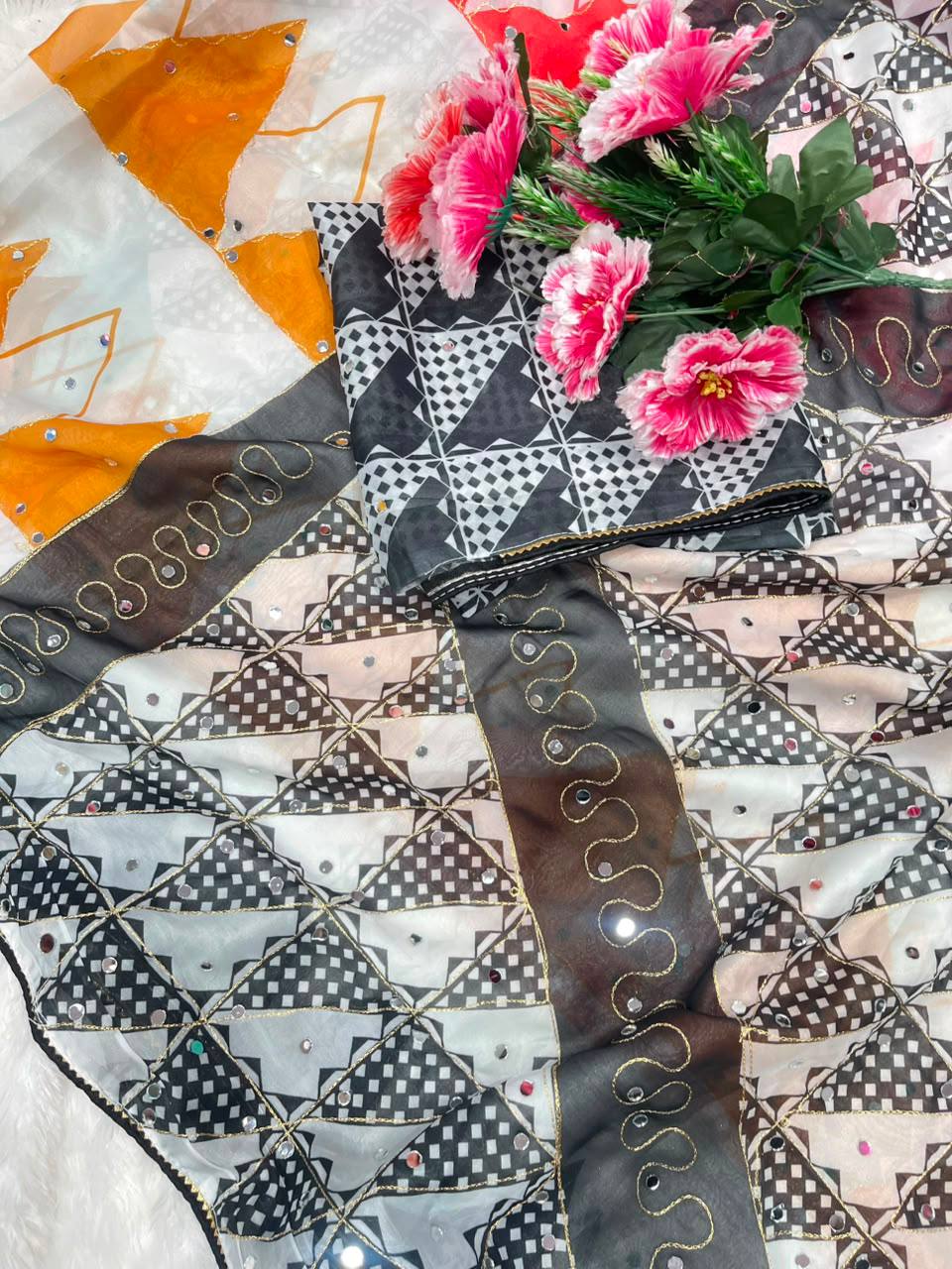 Vilara Chinnon Silk Printed Mirror Work Saree