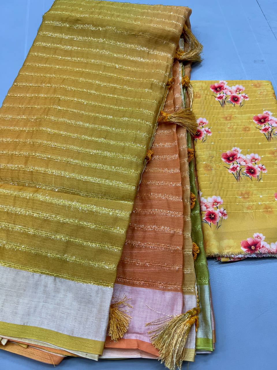 Soft linen printed , Furr & Foil work sarees with blouse