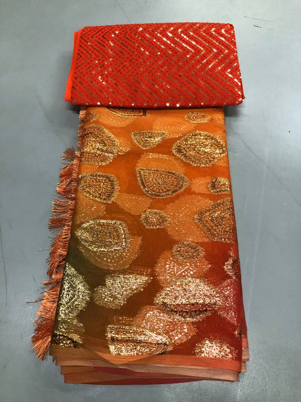 Fancy dual shade weaving with sequence &amp; siroski work sarees with blouse