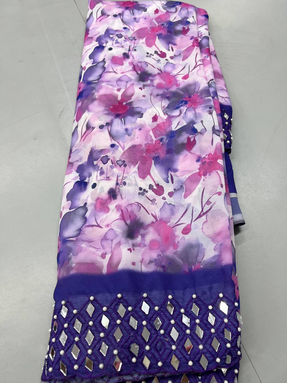 Chiffon printed mirror work , crush & sequence work sarees with blouse