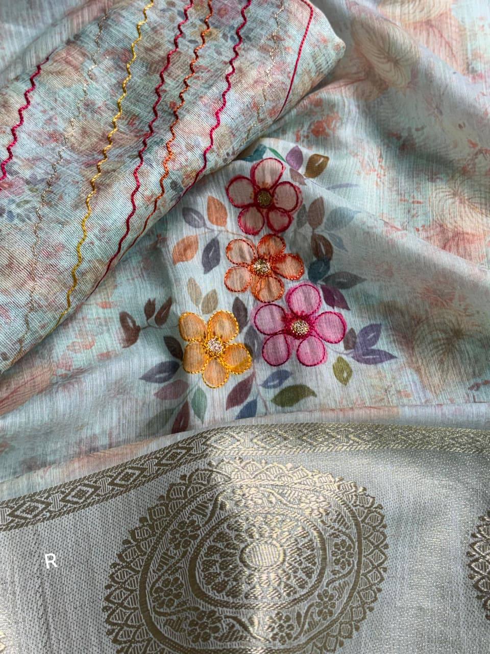 Ansa Mul Cotton Printed Embroidered Work Saree