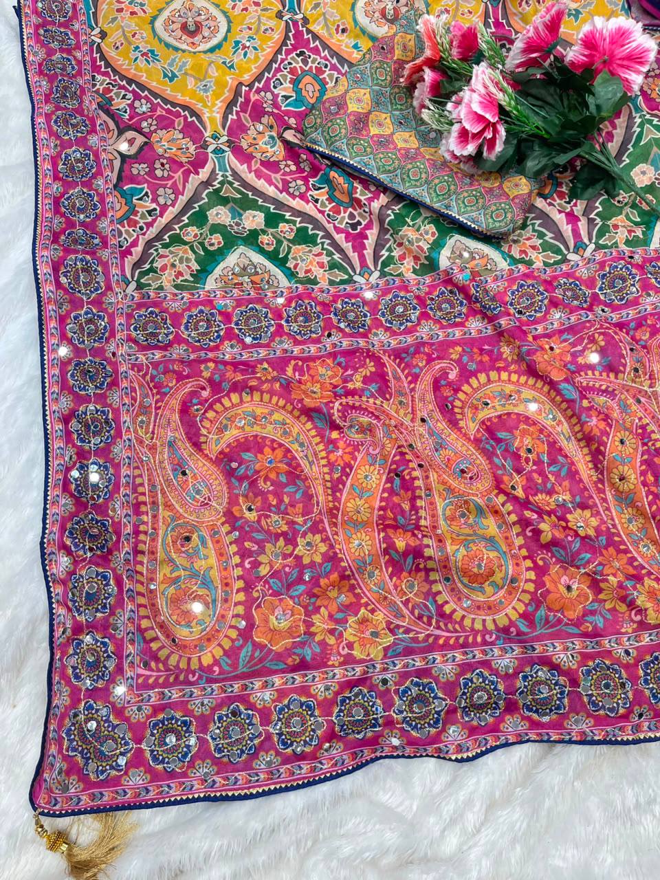 Vilara Chinnon Silk Printed Mirror Work Saree