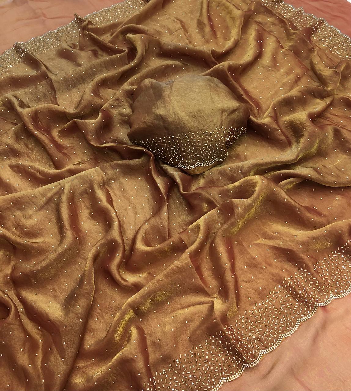 GAZIYA SOFT & SMOOTH SPACE SILK FENDY SATIN WITH HANDWORK & SIROSKI SAREE.