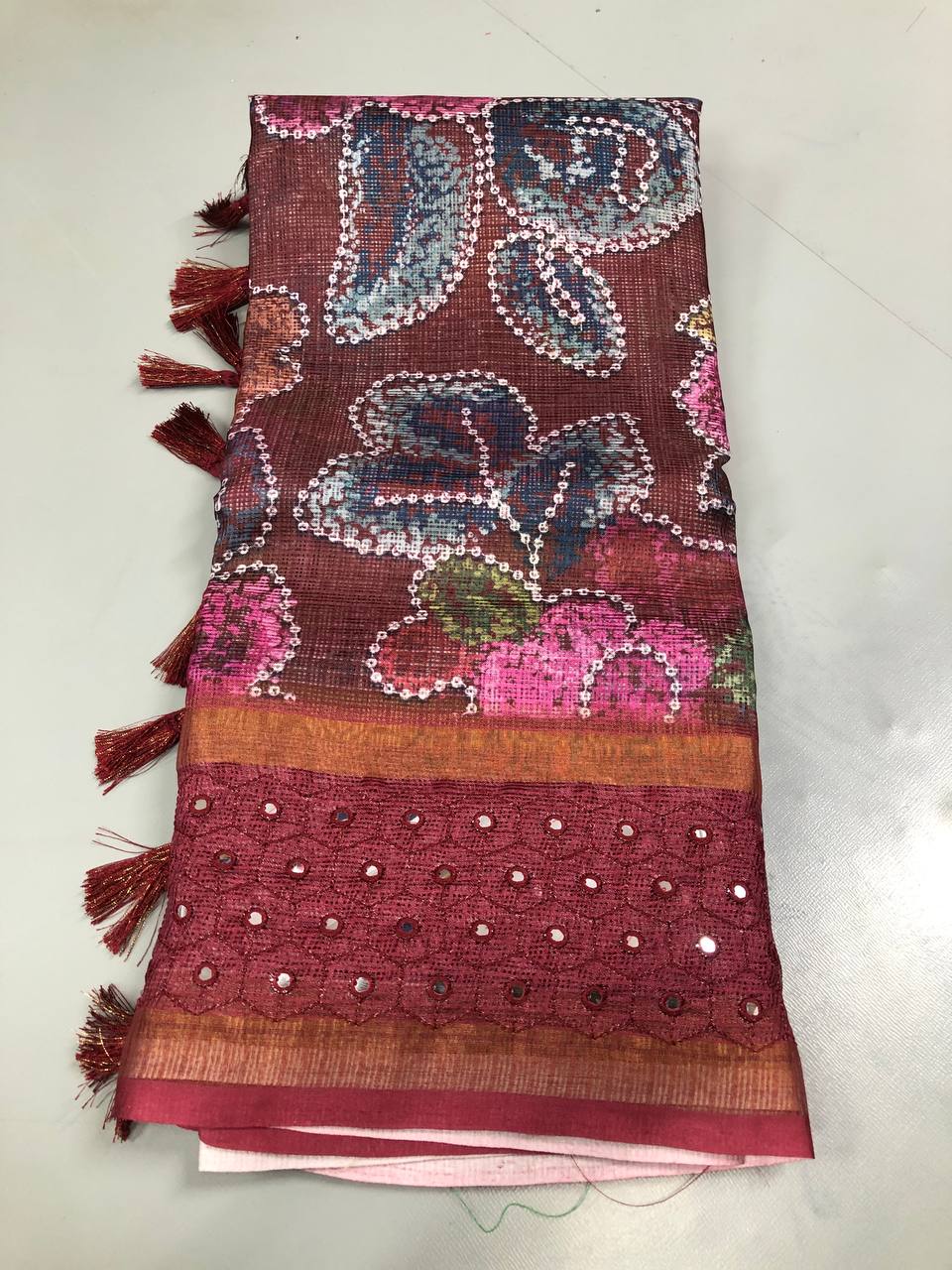 Soft Linen Printed, Furr & Foil Work Sarees with Blouse