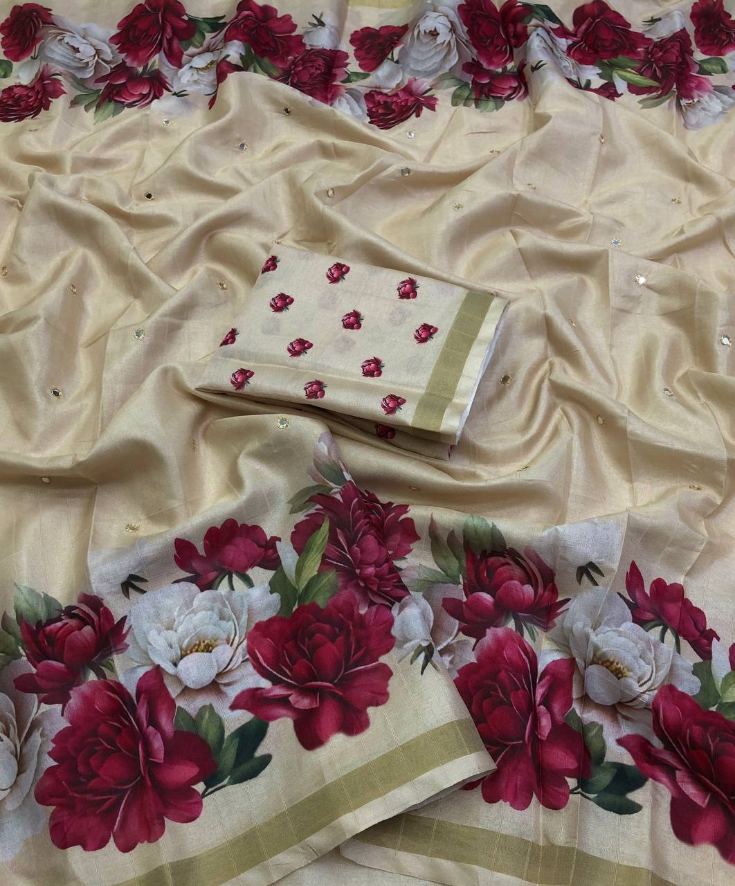 KART TUSSER PRINTED MIRROR WORK SAREE