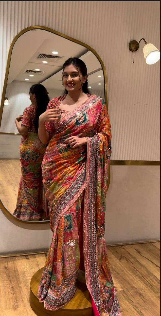 CREAP SILK PRINTED MIRROR WORK SAREE