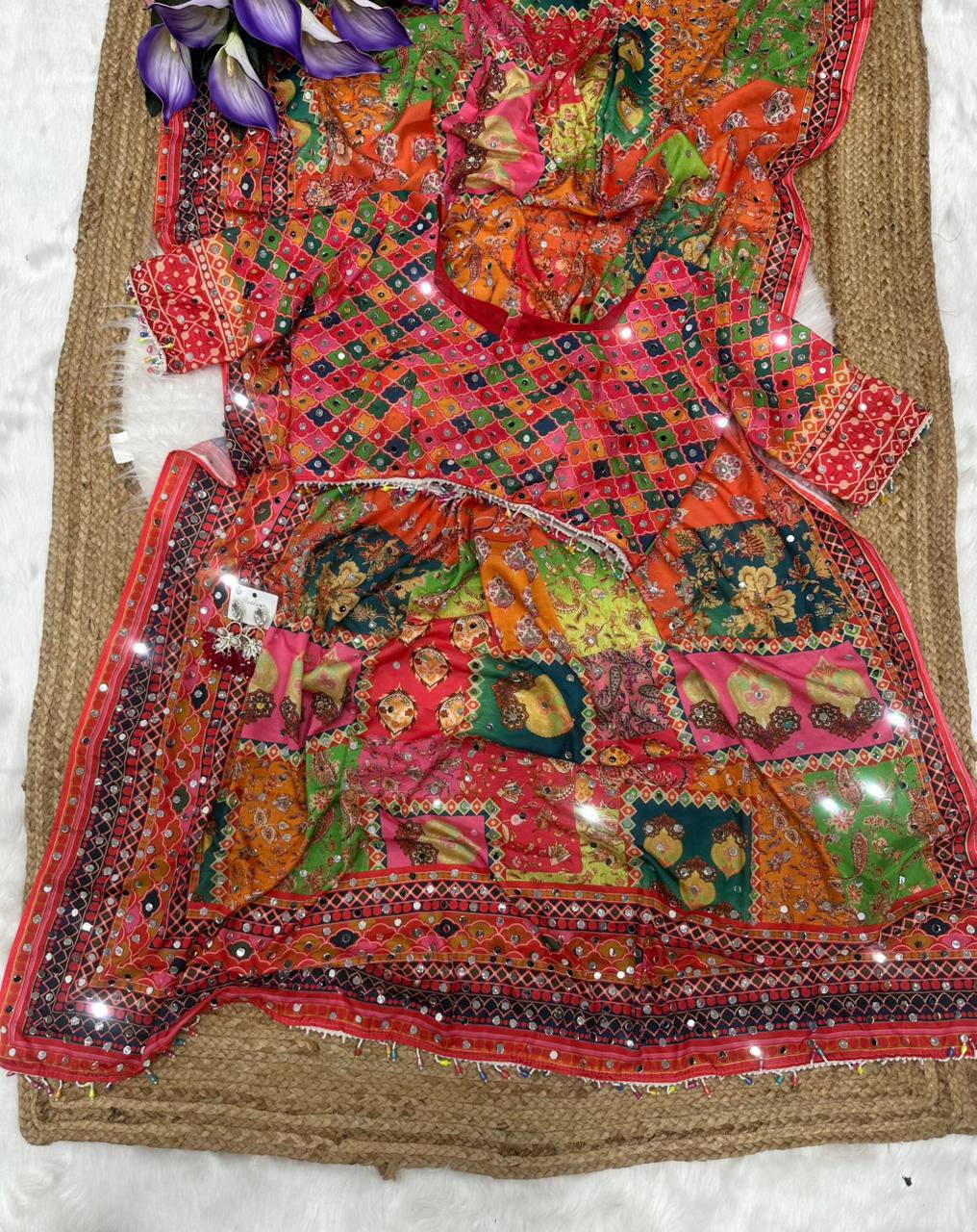 CREAP SILK PRINTED MIRROR WORK SAREE