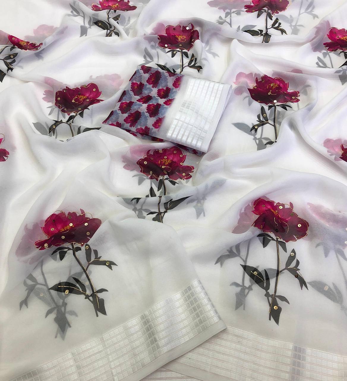 CHIFFON PRINTED FOIL & SEQUENCE WORK SAREE