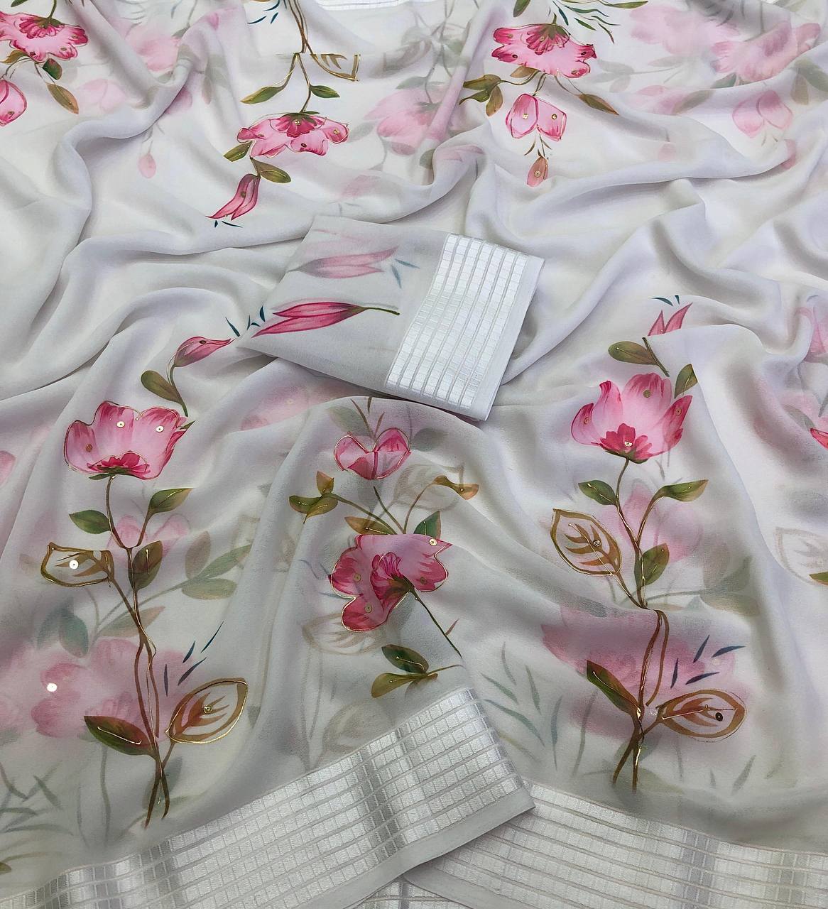 CHIFFON PRINTED FOIL & SEQUENCE WORK SAREE