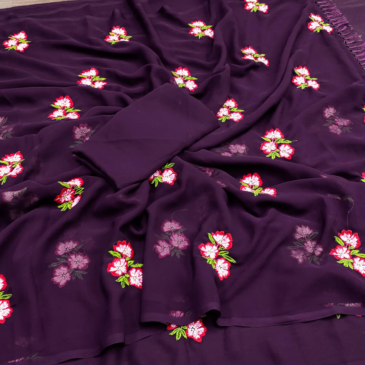Ruhena New Georgette  Floral Embroidery Work Saree