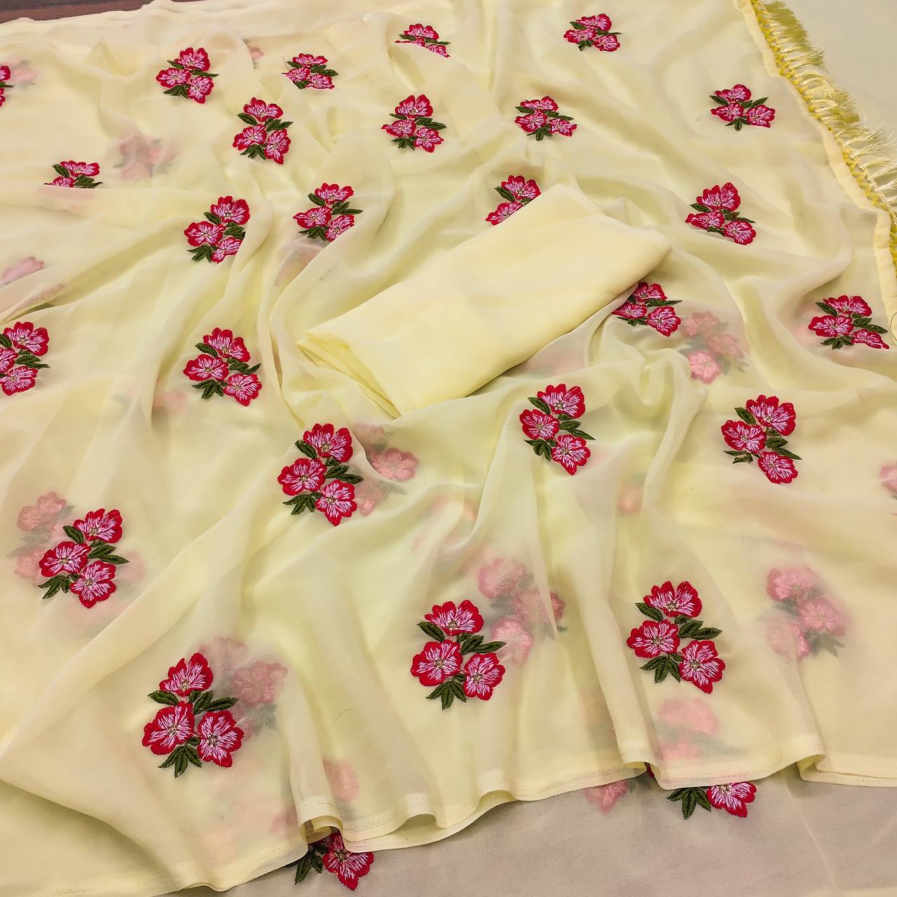 Ruhena New Georgette  Floral Embroidery Work Saree
