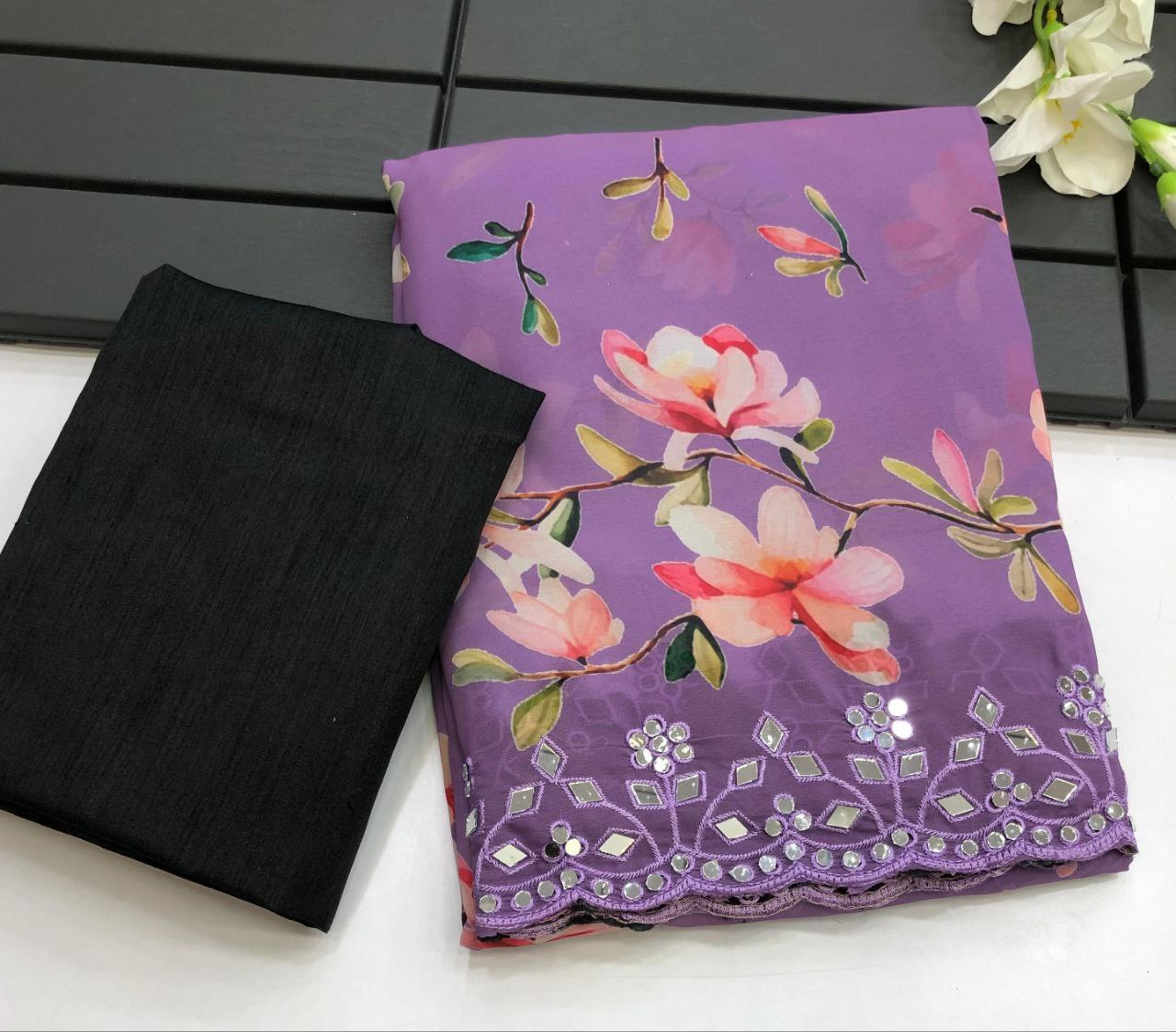 KUVENA DESIGNER CHIFFON FLORAL DIGITAL PRINTED SAREE